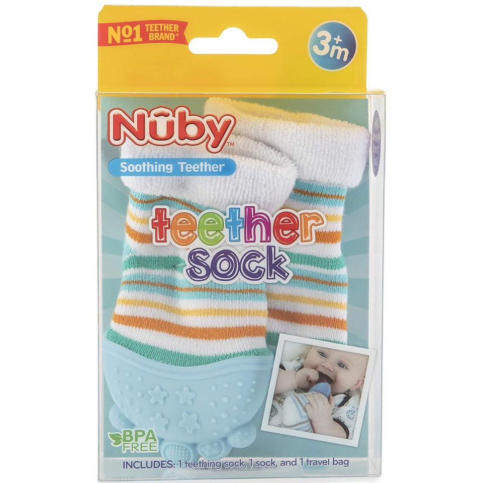 Nuby Teether Sock – Meia mordedor azul listrada